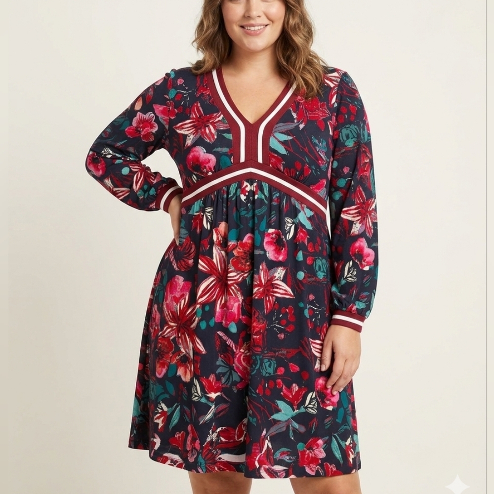 Maloka Floral V-Neck Midi Dress Burgundy Teal Red Size XL NWT